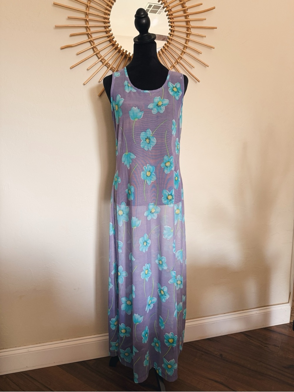 Sleeveless Lavender Maxi Dress with Teal Floral Print